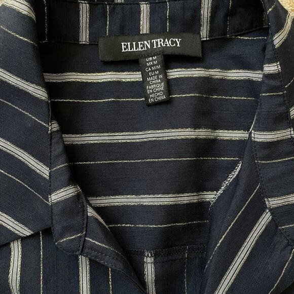 Ellen Tracy M Sleeveless Tie Front Top | Navy Blue Gold Stripe Soft Drape Career - Picture 3 of 6